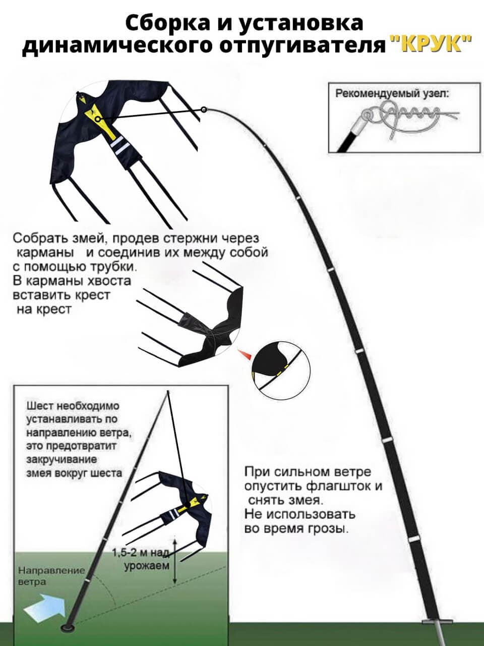 Комплект воздушный змей Крук и флагшток 6 м - отпугиватель птиц — схема сборки и установки