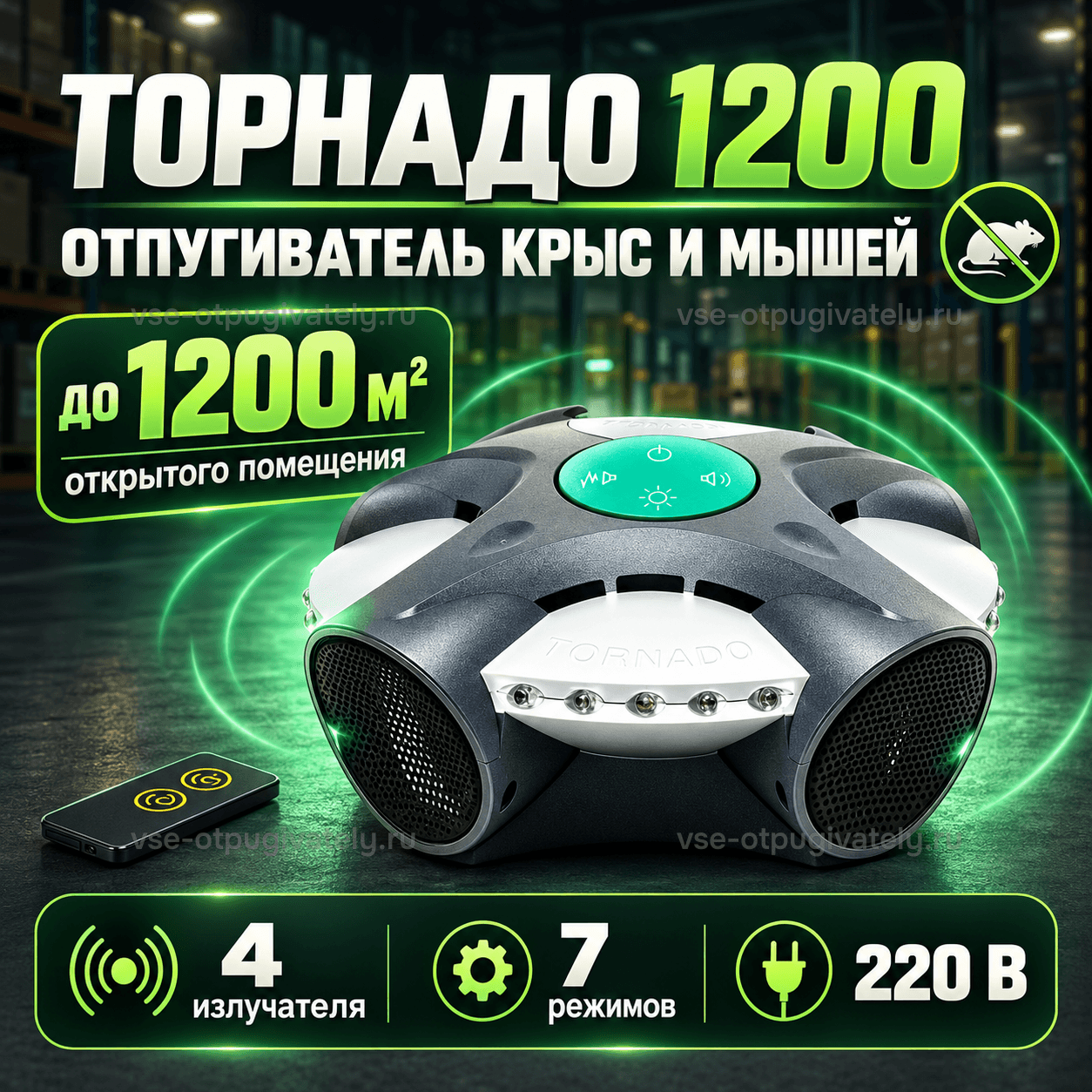 Отпугиватель грызунов Торнадо 1200 — инфографика: прибор с пультом, площадь действия и питание