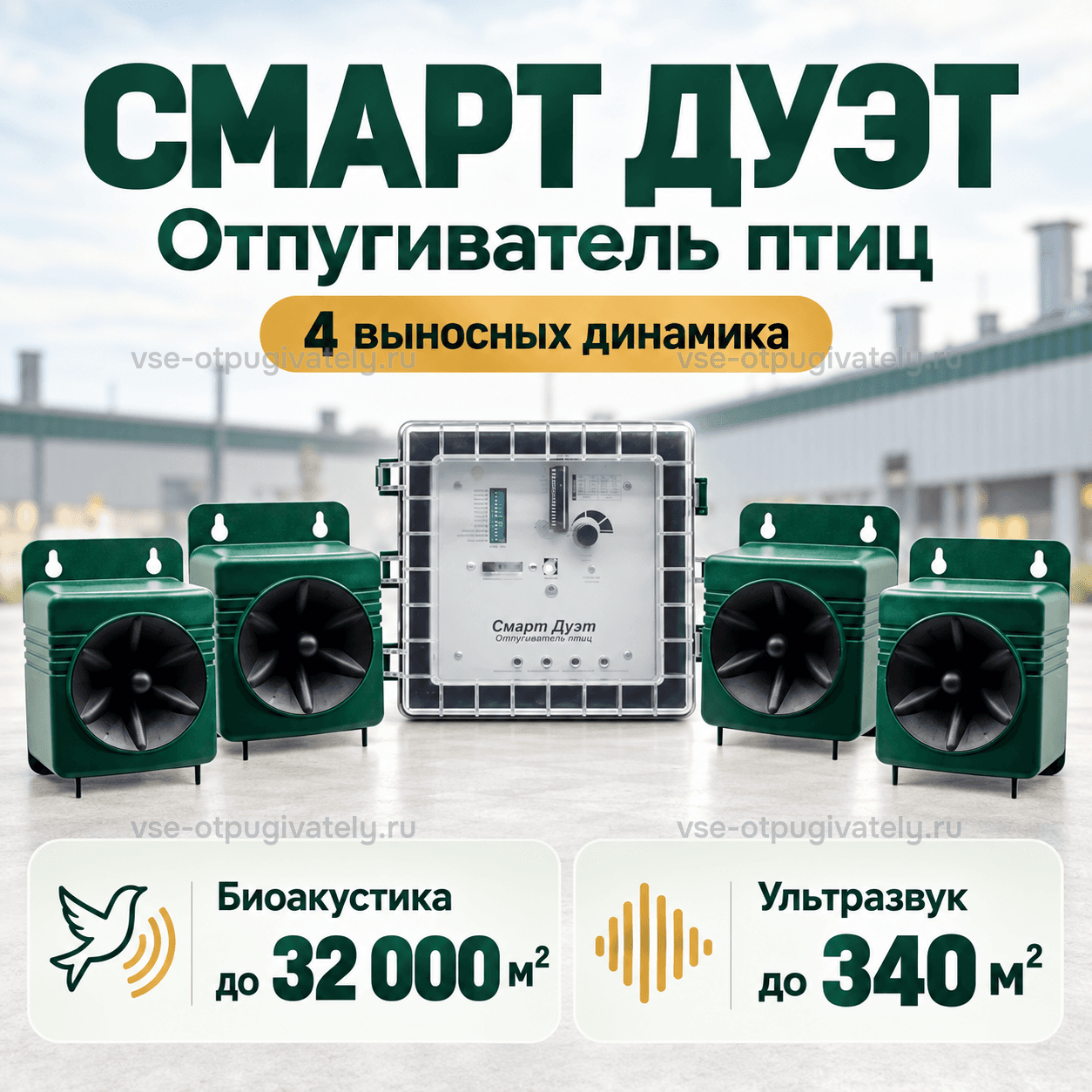 Отпугиватель птиц «Смарт Дуэт» с четырьмя динамиками — инфографика: блок управления, четыре динамика и площадь действия