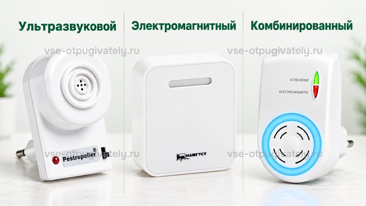 Три типа отпугивателей: ультразвуковой ЭкоСнайпер LS-919, электромагнитный Мангуст SD-050 и комбинированный ЭкоСнайпер AN-A833