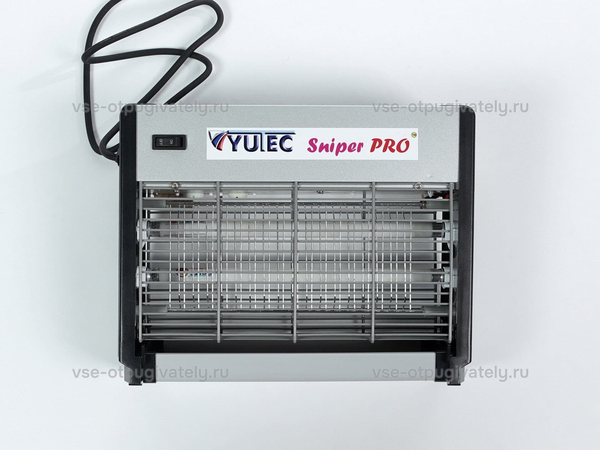 Уничтожитель летающих насекомых с высоковольтной сеткой и LED-лампами YUTEC Sniper PRO SNIP-40 LED Al — вид спереди