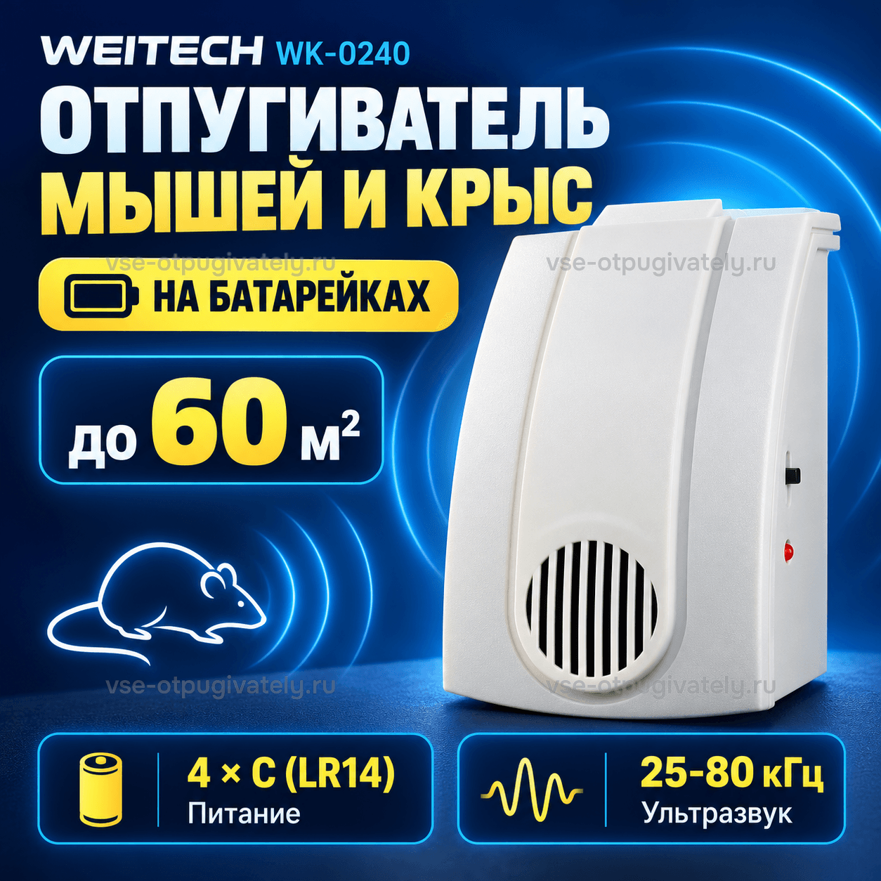 Отпугиватель мышей Weitech WK-0240 — инфографика: прибор, площадь действия и питание от батареек