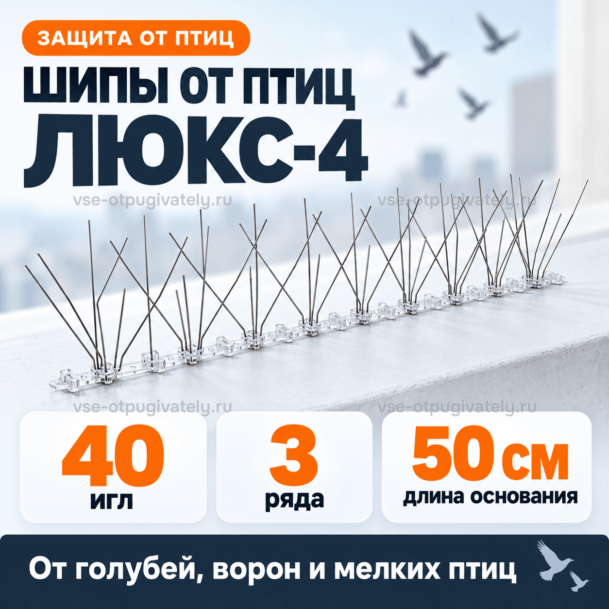 Шипы от птиц «Люкс-4» — инфографика: секция шипов и основные параметры — против голубей, ворон и мелких птиц, иглы в три ряда на прозрачном основании у парапета