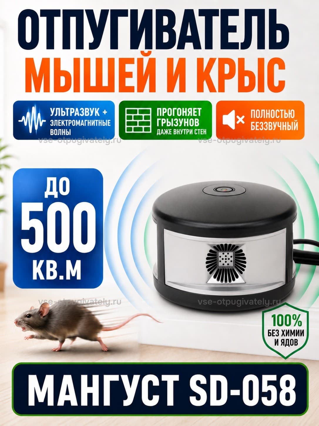 Мангуст SD-058 - отпугиватель грызунов с ультразвуком и электромагнитными волнами