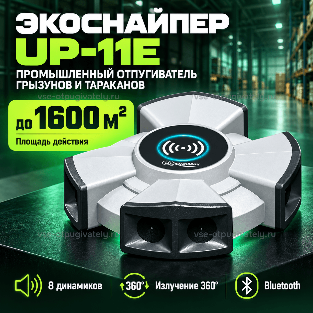 Промышленный отпугиватель грызунов и тараканов ЭкоСнайпер UP-11E — инфографика: прибор и площадь действия