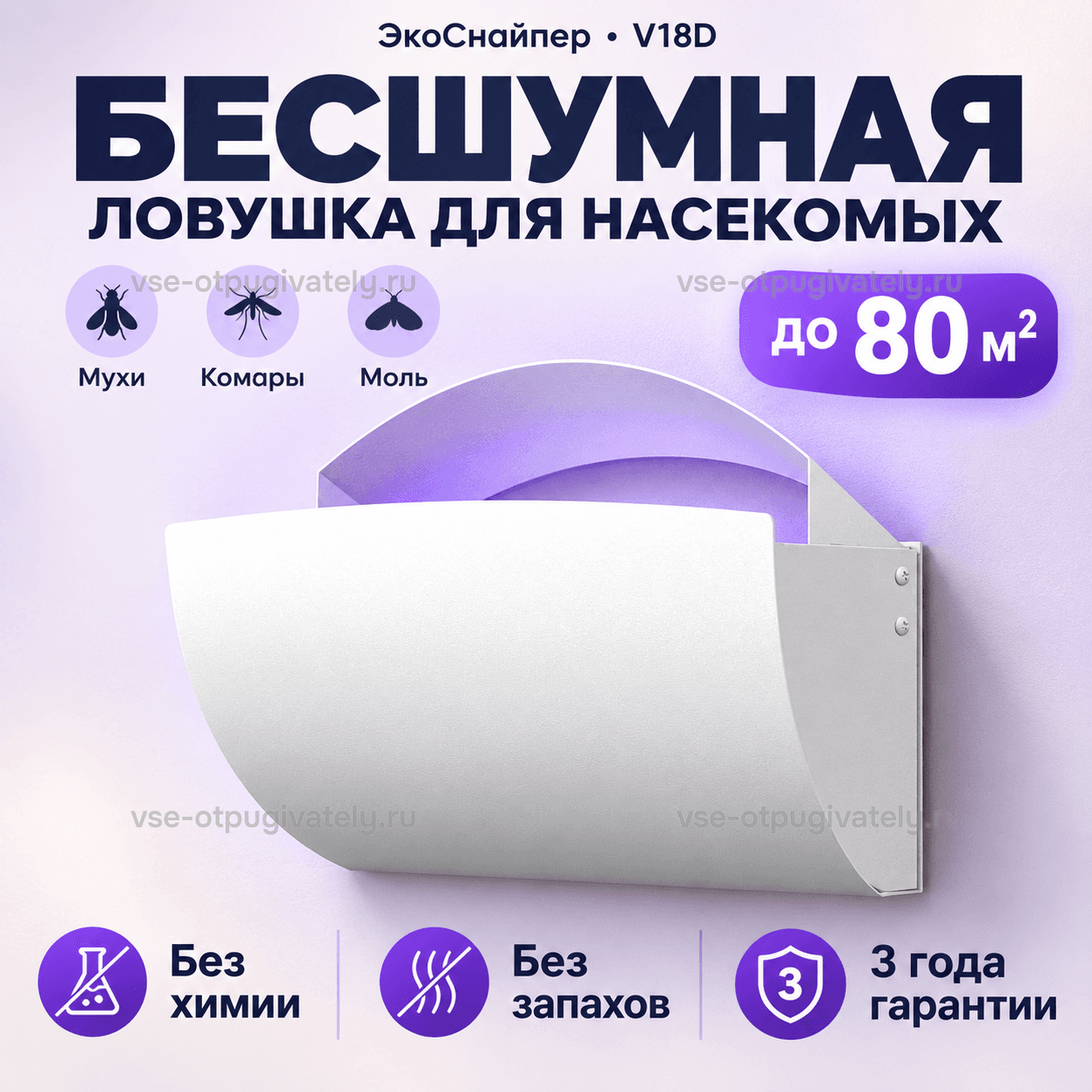Клеевая ловушка ЭкоСнайпер V18D — инфографика: ловушка и основные параметры — белый изогнутый настенный корпус с фиолетовой подсветкой, бесшумная работа без химии и запахов, мухи, комары и моль