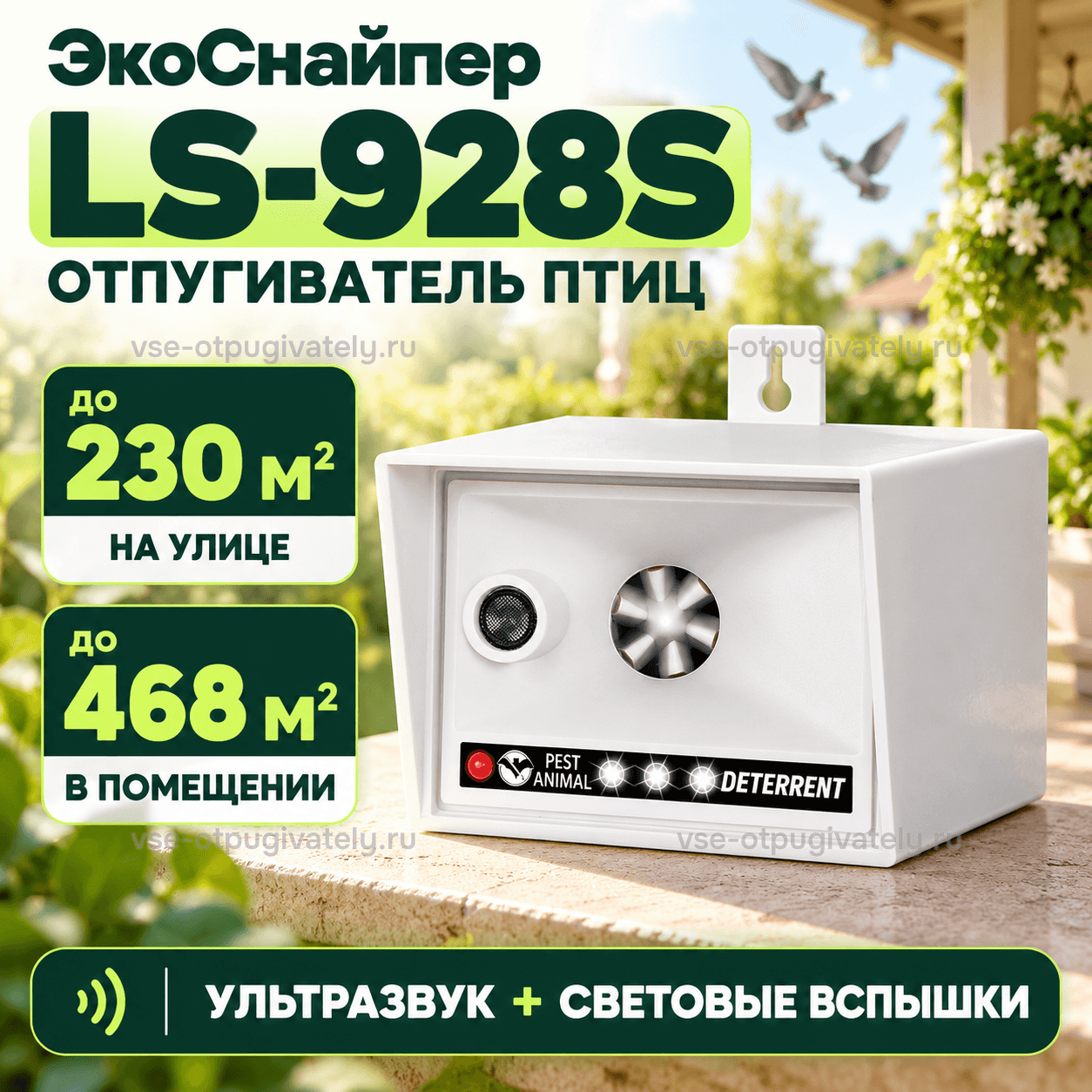 Отпугиватель птиц ультразвуковой ЭкоСнайпер LS-928S — инфографика: прибор и площадь действия на улице и в помещении