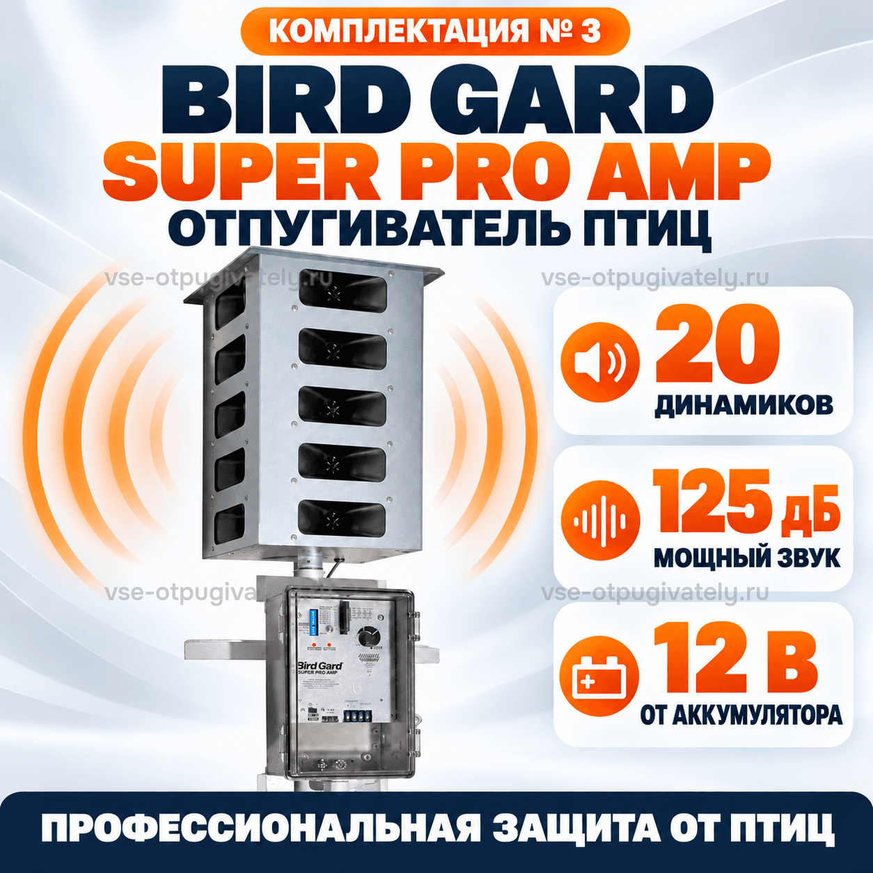 Отпугиватель птиц Bird Gard Super Pro AMP, комплектация № 3 — инфографика: установка и основные параметры