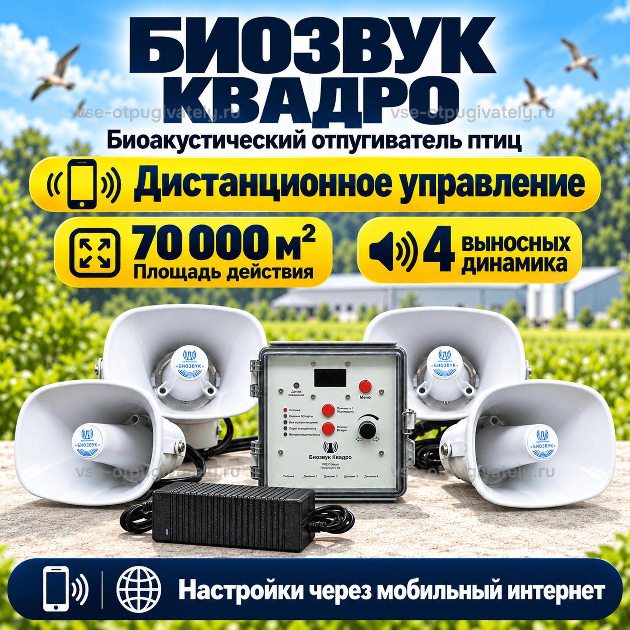 Отпугиватель птиц Биозвук Квадро с дистанционным управлением и четырьмя динамиками — инфографика: четыре динамика и площадь действия — рупоры вокруг щита, настройки через мобильный интернет