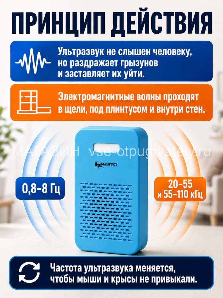 Мангуст SD-049 - ультразвуковой и электромагнитный отпугиватель мышей и крыс