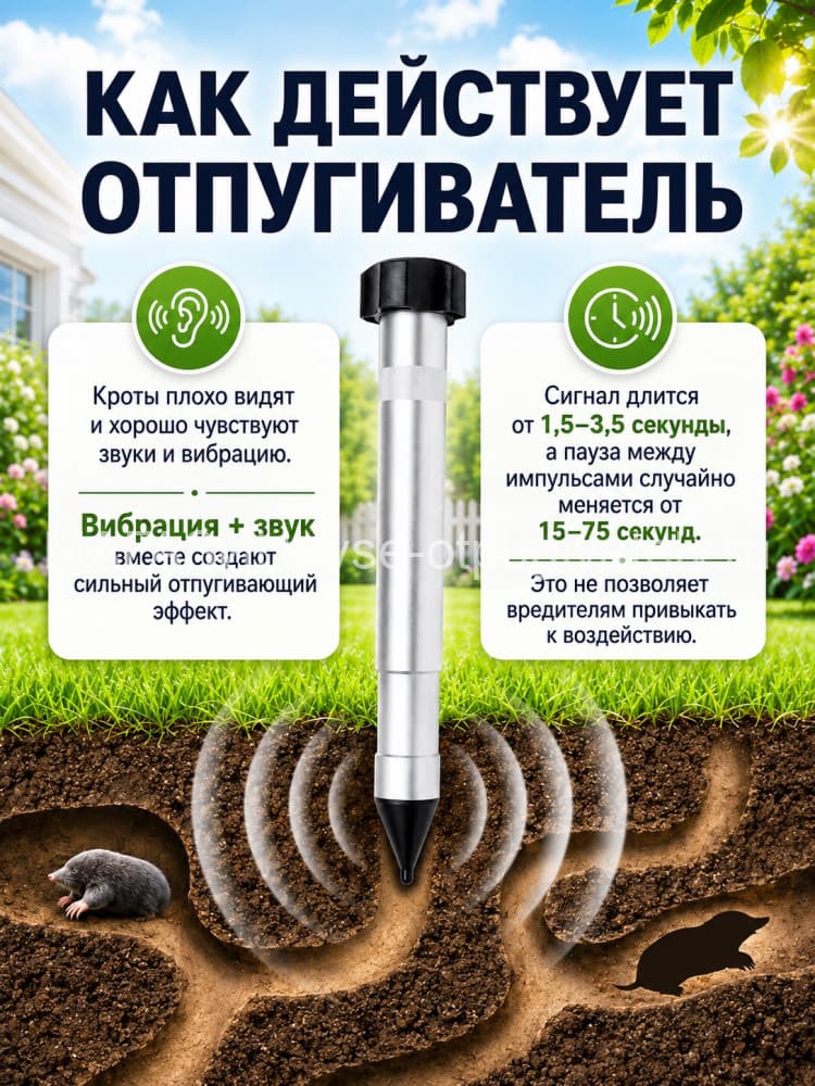 Отпугиватель кротов и змей ЭкоСнайпер LS-997MR + 4 батарейки