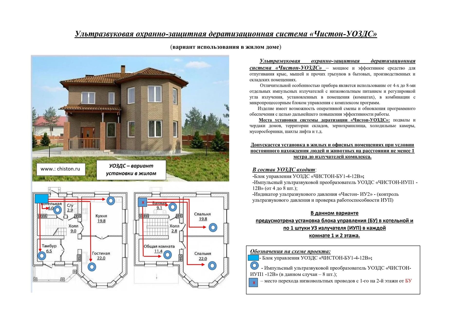 Чистон-УОЗДС - ультразвуковая дератизационная система, 8 излучателей — схема установки в жилом доме
