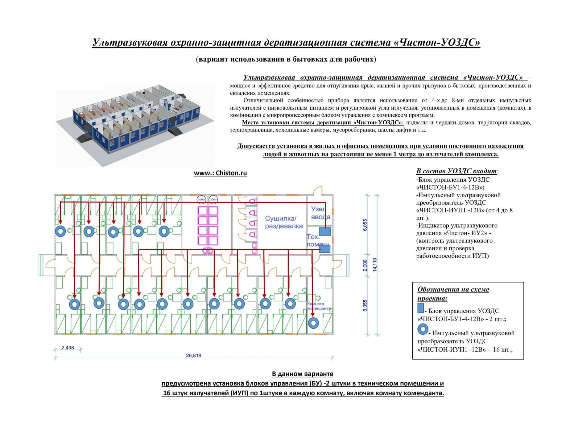 Чистон-УОЗДС - ультразвуковая дератизационная система, 8 излучателей — схема установки в помещениях