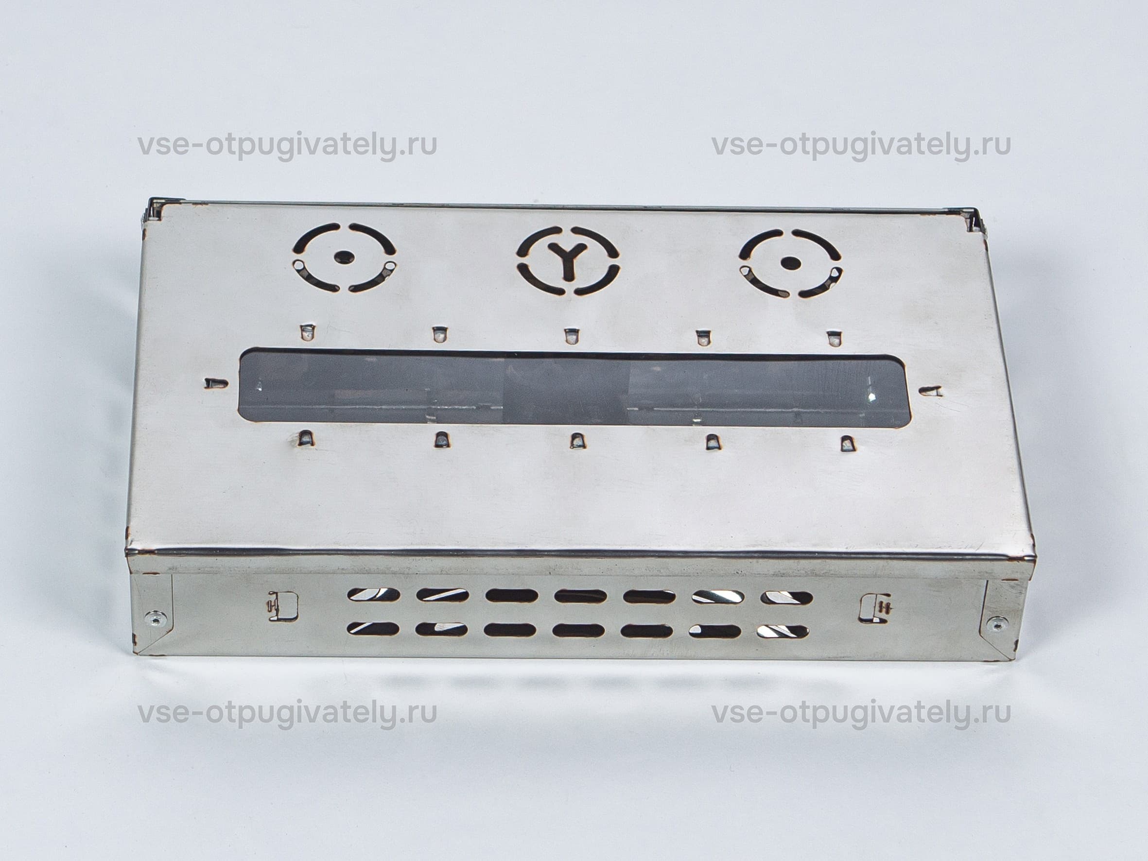 Многоместная живоловка для мышей YUTEC Rodent Trap Multi RTM-22 S/St — вид сверху, окно в крышке: плоский широкий короб из нержавейки, длинное смотровое окно и три круглые прорези