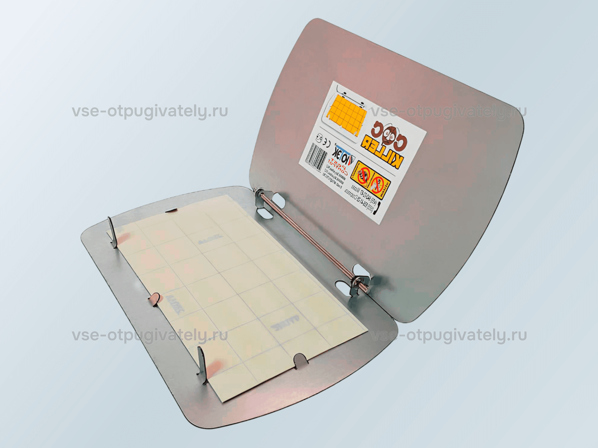 Клеевая ловушка для насекомых и мелких грызунов YUTEC CocKILLER CoK-220 S/St — ловушка открыта, клеевая подложка: стальной корпус-книжка, чистый клеевой лист в клетку и этикетка CocKILLER на крышке