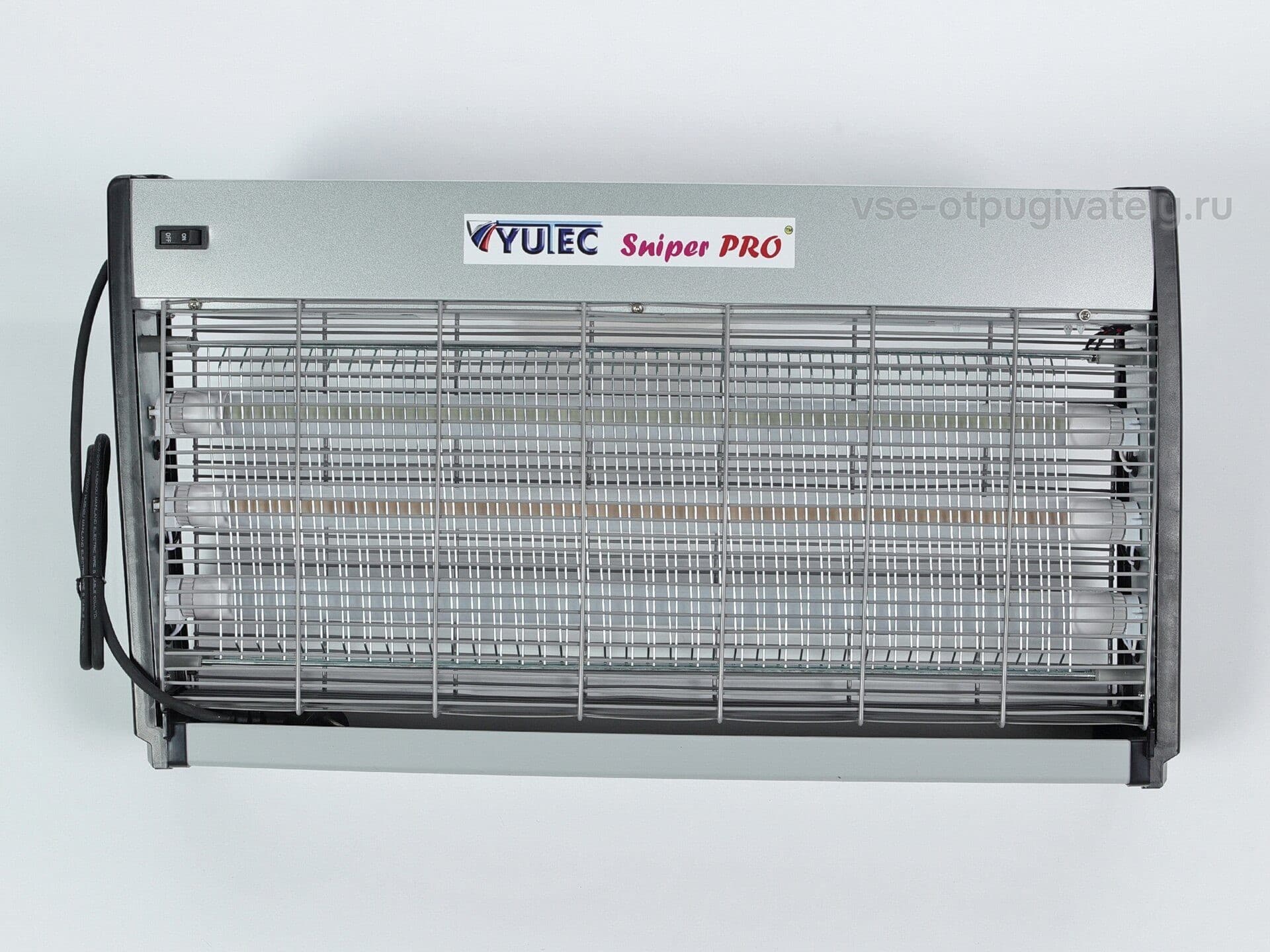 Уничтожитель летающих насекомых с высоковольтной сеткой и LED-лампами YUTEC Sniper PRO SNIP-60 LED Al — вид спереди