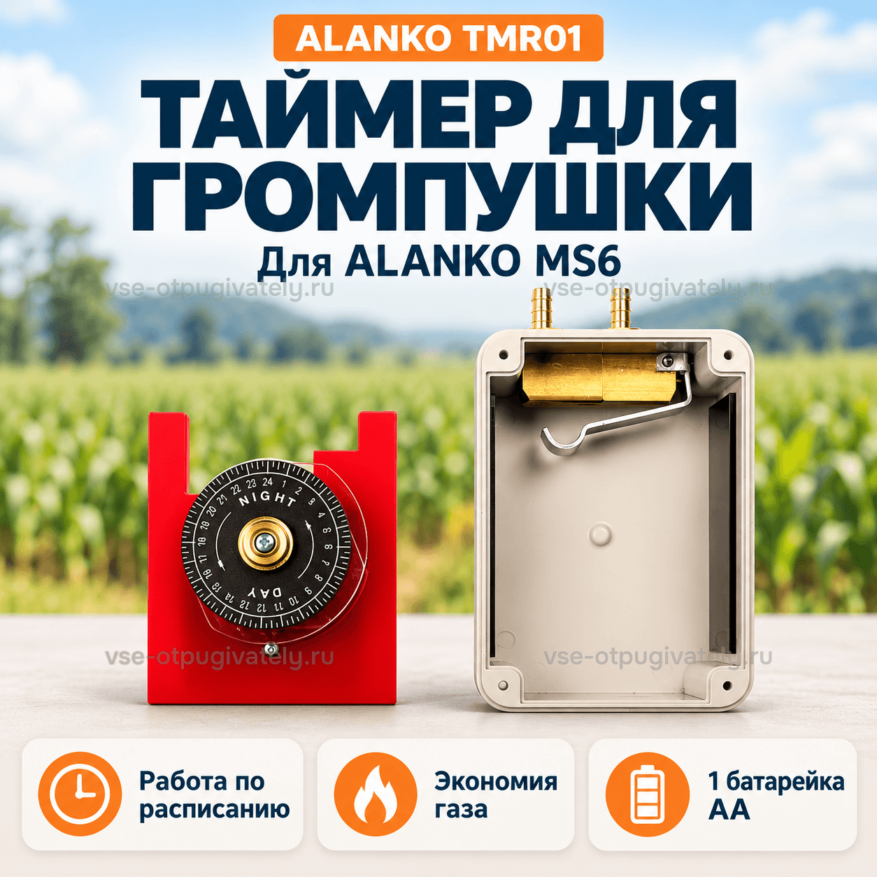 Таймер для громпушки Alanko MS6 — инфографика: таймер и для какой модели — круговой циферблат и корпус с клапаном, работа по расписанию, экономия газа, питание от батарейки