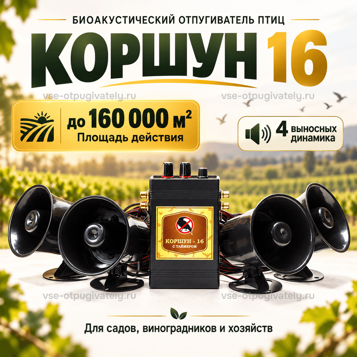 Отпугиватель птиц Коршун 16 — инфографика: блок управления, четыре динамика и площадь действия