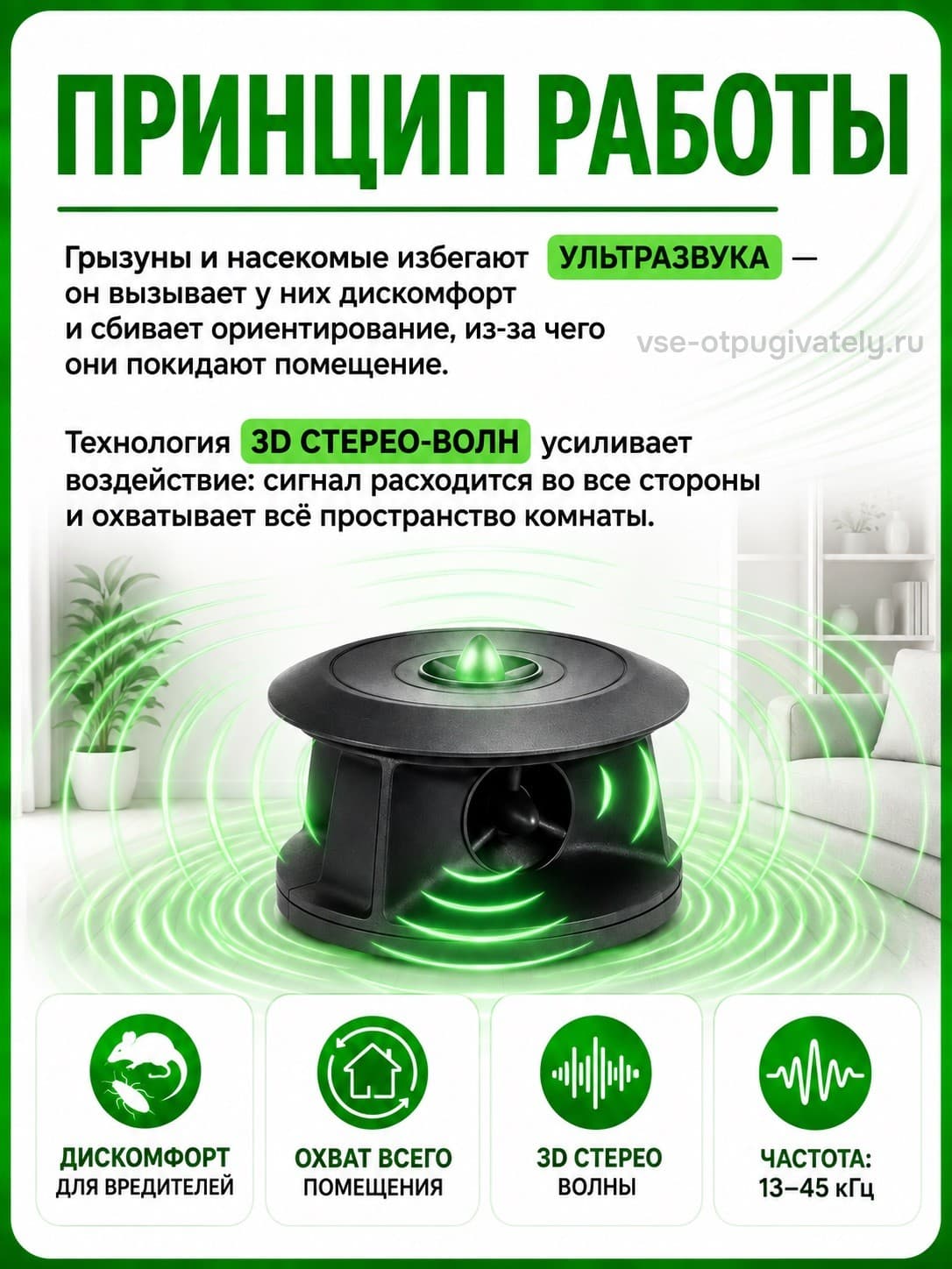 ЭкоСнайпер LS-967 3D - ультразвуковой отпугиватель крыс, мышей и насекомых