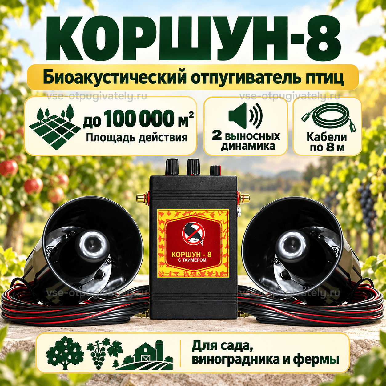 Отпугиватель птиц Коршун 8 с двумя динамиками — инфографика: блок управления, два динамика и площадь действия